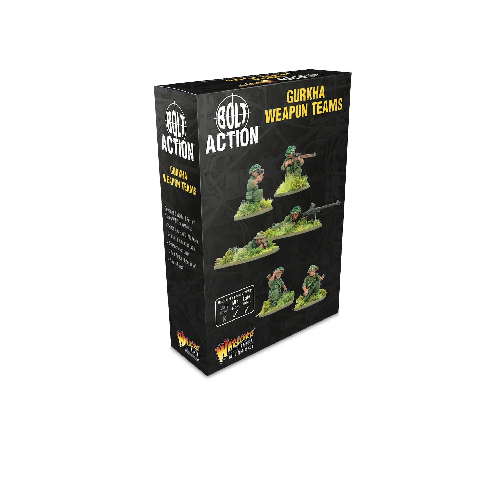 Warlord Games Gurkha Weapon Teams – pudełko Bolt Action Gurkha Weapon Teams: 8 figurek Warlord Resin 28mm – zespół karabinu Boys, zespół moździerza lekkiego 2-calowego, zespół snajperski, 3 kości rozkazu i podstawki