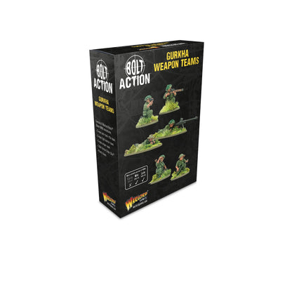 Warlord Games Gurkha Weapon Teams – pudełko Bolt Action Gurkha Weapon Teams: 8 figurek Warlord Resin 28mm – zespół karabinu Boys, zespół moździerza lekkiego 2-calowego, zespół snajperski, 3 kości rozkazu i podstawki