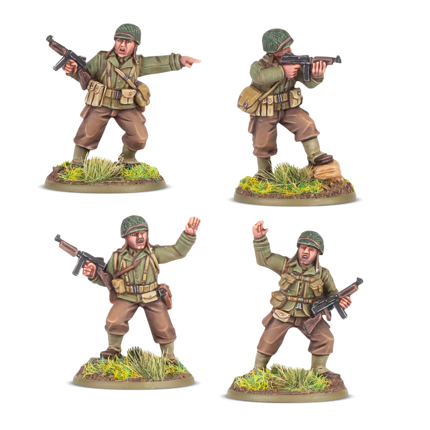 US Rangers Platoon Commanders – cztery figurki oficerów 28mm: dowódca z Thompsonem wskazujący kierunek, strzelec celujący z Thompsona, dowódca gestykulujący i oficer wydający rozkaz – widok z przodu, Bolt Action Warlord Games
