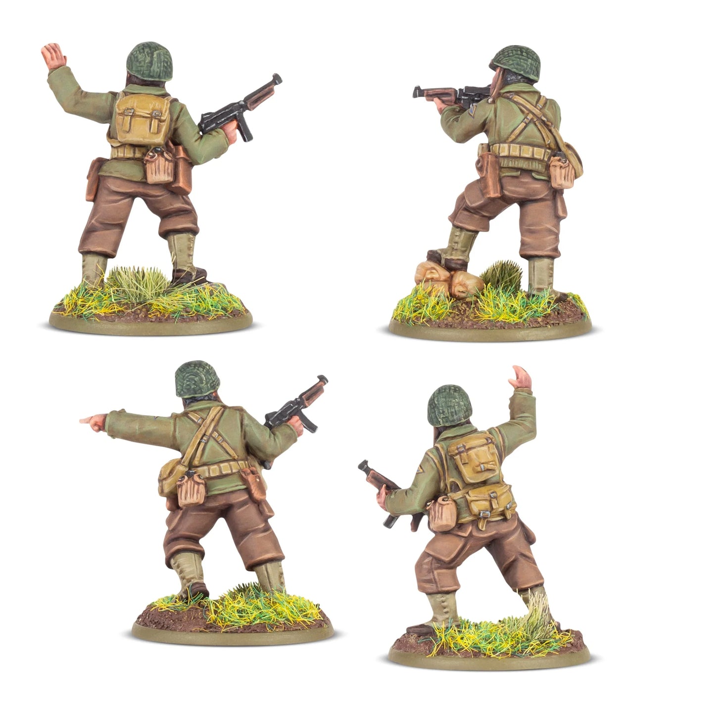 US Rangers Platoon Commanders – cztery figurki oficerów 28mm – widok z tyłu: detale plecaków, szelek, ekwipunku i mundurów US Rangers z pistoletem maszynowym Thompson, Bolt Action Warlord Games
