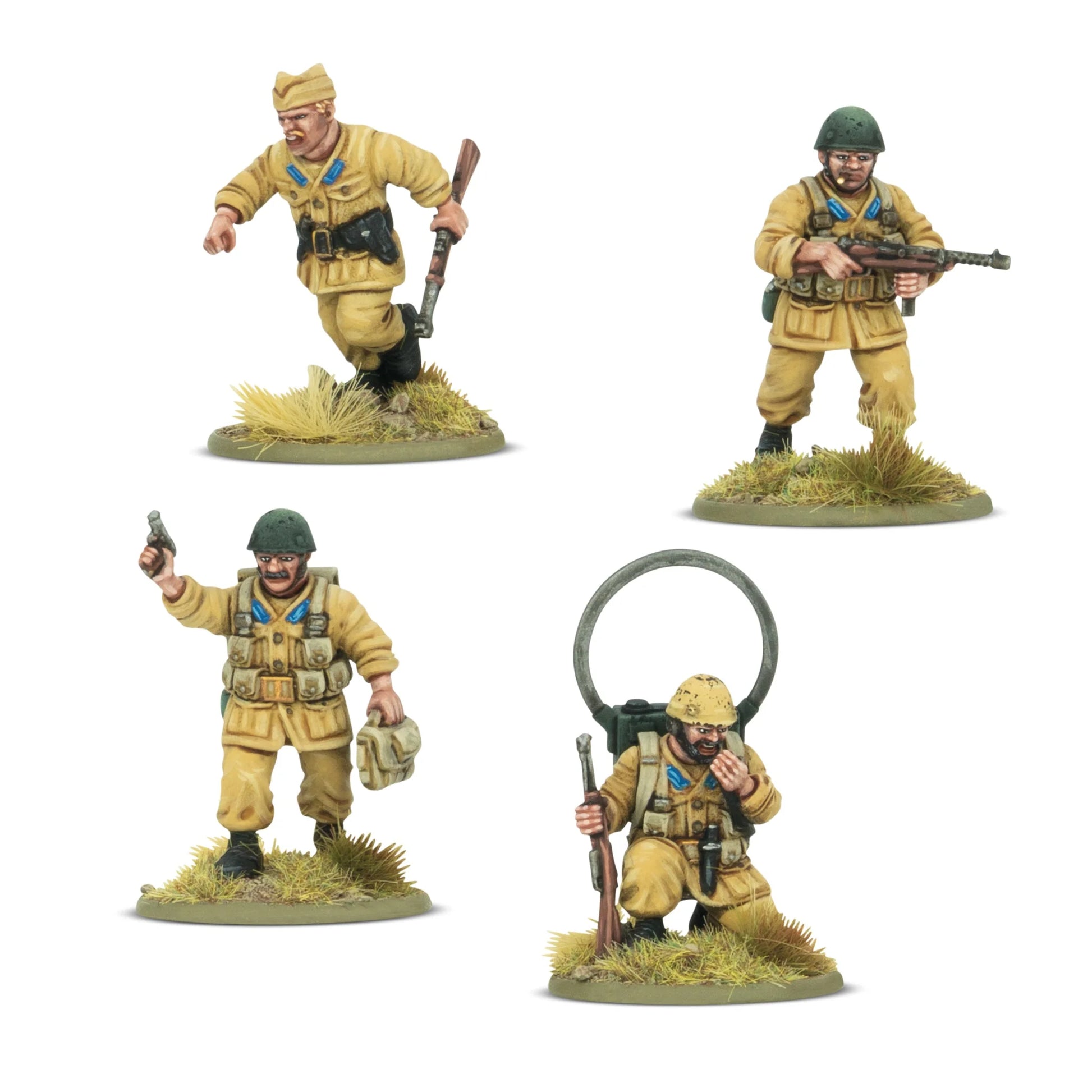 Italian Paracadutisti HQ – 4 figurki od frontu: NCO z granatem w biegu, radiooperator z anteną pętlową, oficer z pistoletem i medyk, mundury khaki M41, skala 28mm Bolt Action
