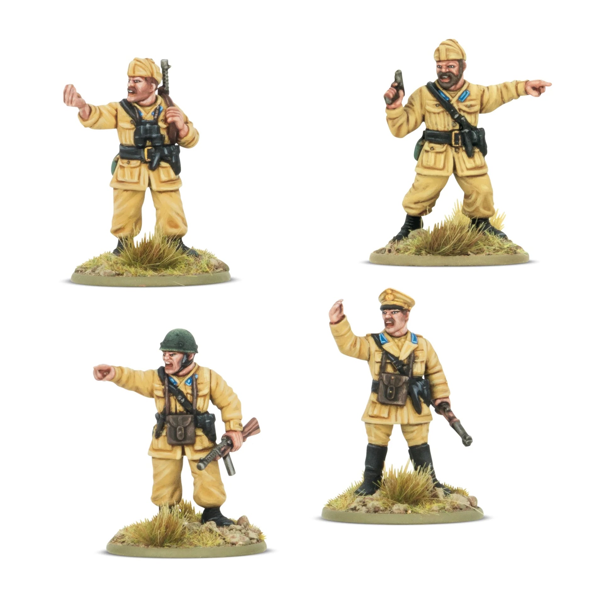 Italian Paracadutisti Platoon Commanders – 4 figurki od frontu: NCO z Beretta M38, oficer z pistoletem wskazujący cel, oficer w hełmie z granatem i dowódca w czapce oficerskiej z pistoletem, mundury khaki M41, skala 28mm Bolt Action
