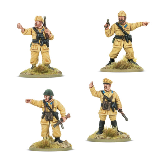 Italian Paracadutisti Platoon Commanders – 4 figurki od frontu: NCO z Beretta M38, oficer z pistoletem wskazujący cel, oficer w hełmie z granatem i dowódca w czapce oficerskiej z pistoletem, mundury khaki M41, skala 28mm Bolt Action
