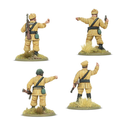 Italian Paracadutisti Platoon Commanders – 4 figurki od tyłu: detale mundurów M41, pasów, szelek i wyposażenia dowódców, skala 28mm Bolt Action
