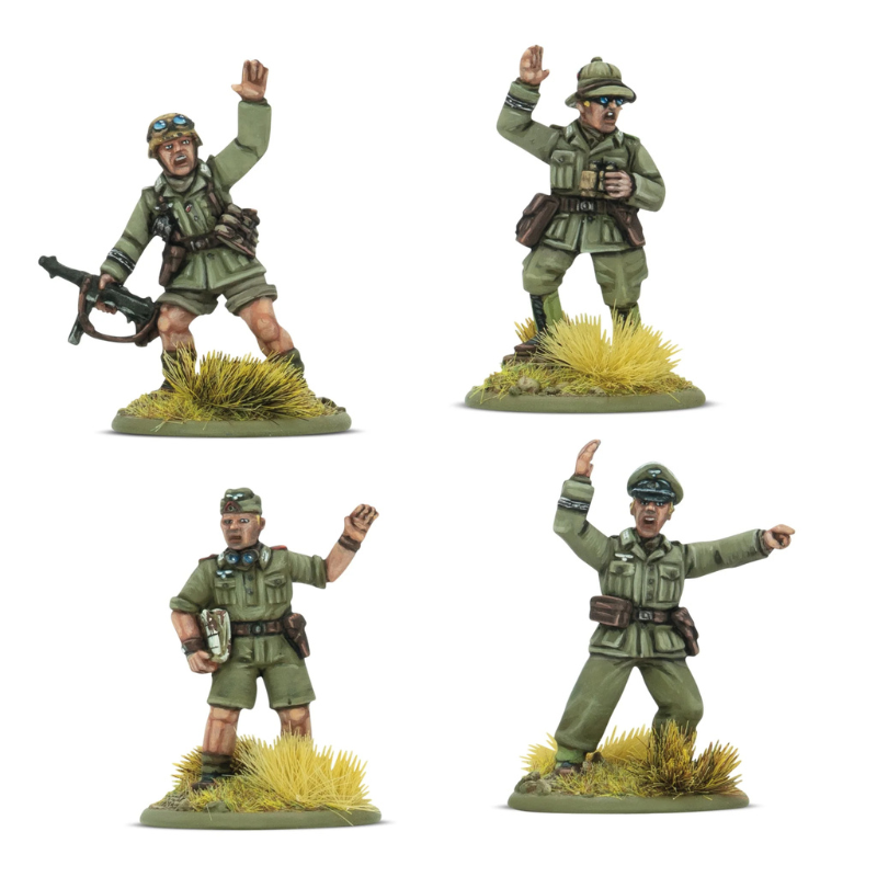 Cztery pomalowane metalowe figurki dowódców Afrika Korps w mundurach tropikalnych – widok z przodu, skala 28mm, Bolt Action, Warlord Games
