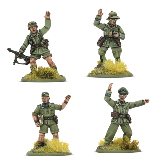 Cztery pomalowane metalowe figurki dowódców Afrika Korps w mundurach tropikalnych – widok z przodu, skala 28mm, Bolt Action, Warlord Games
