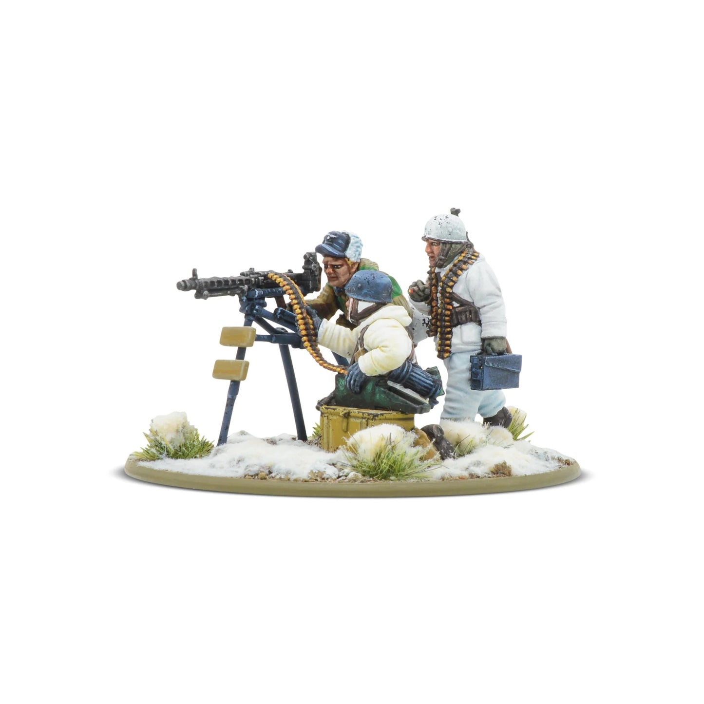 Fallschirmjäger Winter MMG Team Bolt Action 28mm - widok z przodu, MG42 na trójnogu, 3 figurki w białych kombinezonach zimowych i kamuflażu, śnieg na podstawce, kod 403212103