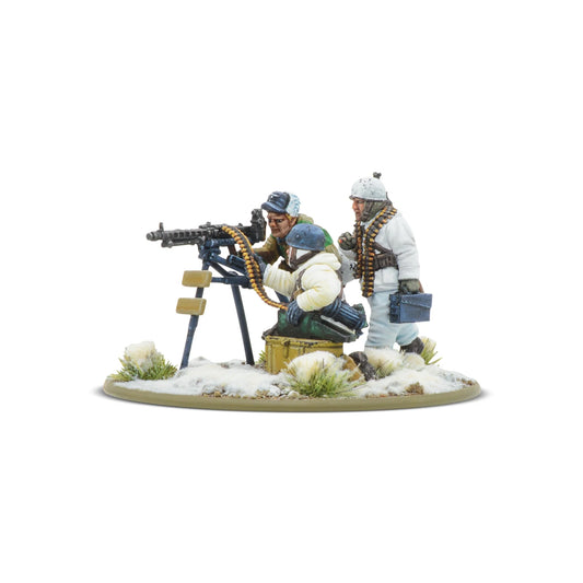 Fallschirmjäger Winter MMG Team Bolt Action 28mm - widok z przodu, MG42 na trójnogu, 3 figurki w białych kombinezonach zimowych i kamuflażu, śnieg na podstawce, kod 403212103