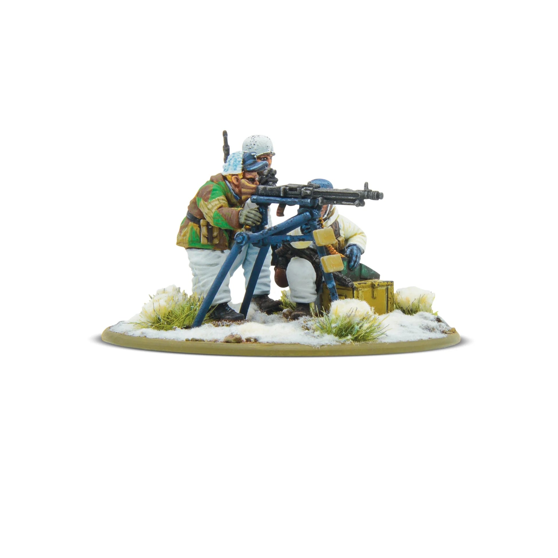 Fallschirmjäger Winter MMG Team Bolt Action - widok z lewej, MG42 na trójnogu, 2 figurki w białych kombinezonach zimowych i kamuflażu, śnieg na podstawce, kod 403212103