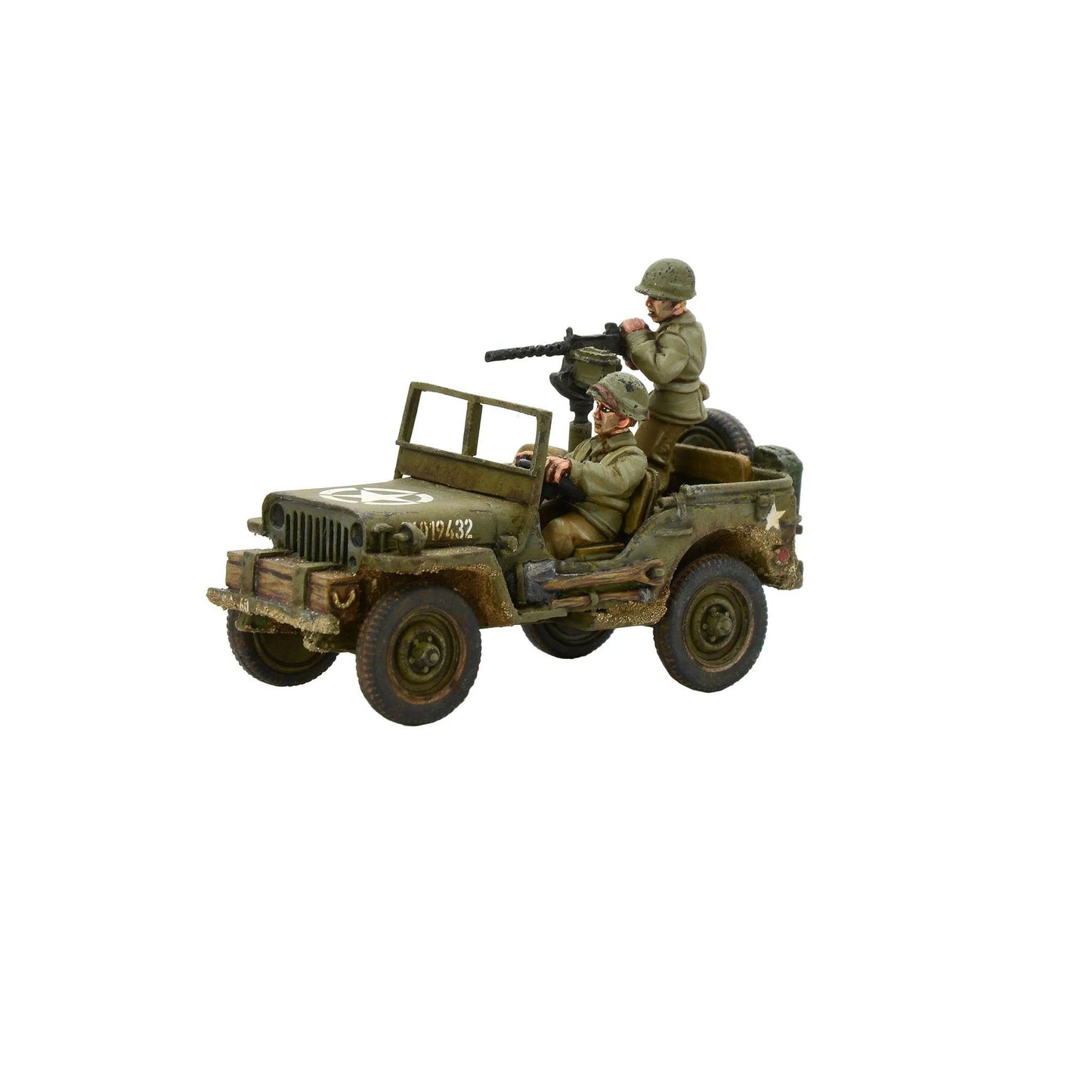 US Army Jeep .30 cal MMG Bolt Action - pomalowany model z załogą, karabin maszynowy, gwiazda USA, numer 23019432, skala 1/56
