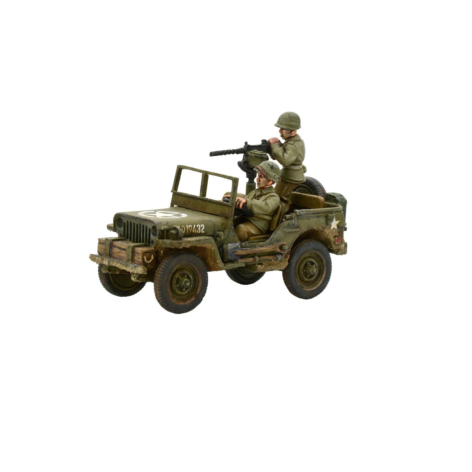 US Army Jeep .30 cal MMG Bolt Action - pomalowany model z załogą, karabin maszynowy, gwiazda USA, numer 23019432, skala 1/56
