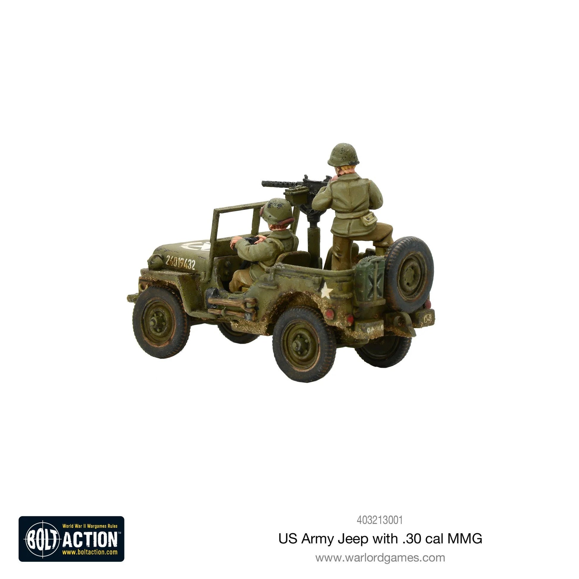 US Army Jeep pojazd rozpoznawczy - widok z tyłu z karabinem .30 cal MMG, załoga, detale kół i zawieszenia, Bolt Action 28mm
