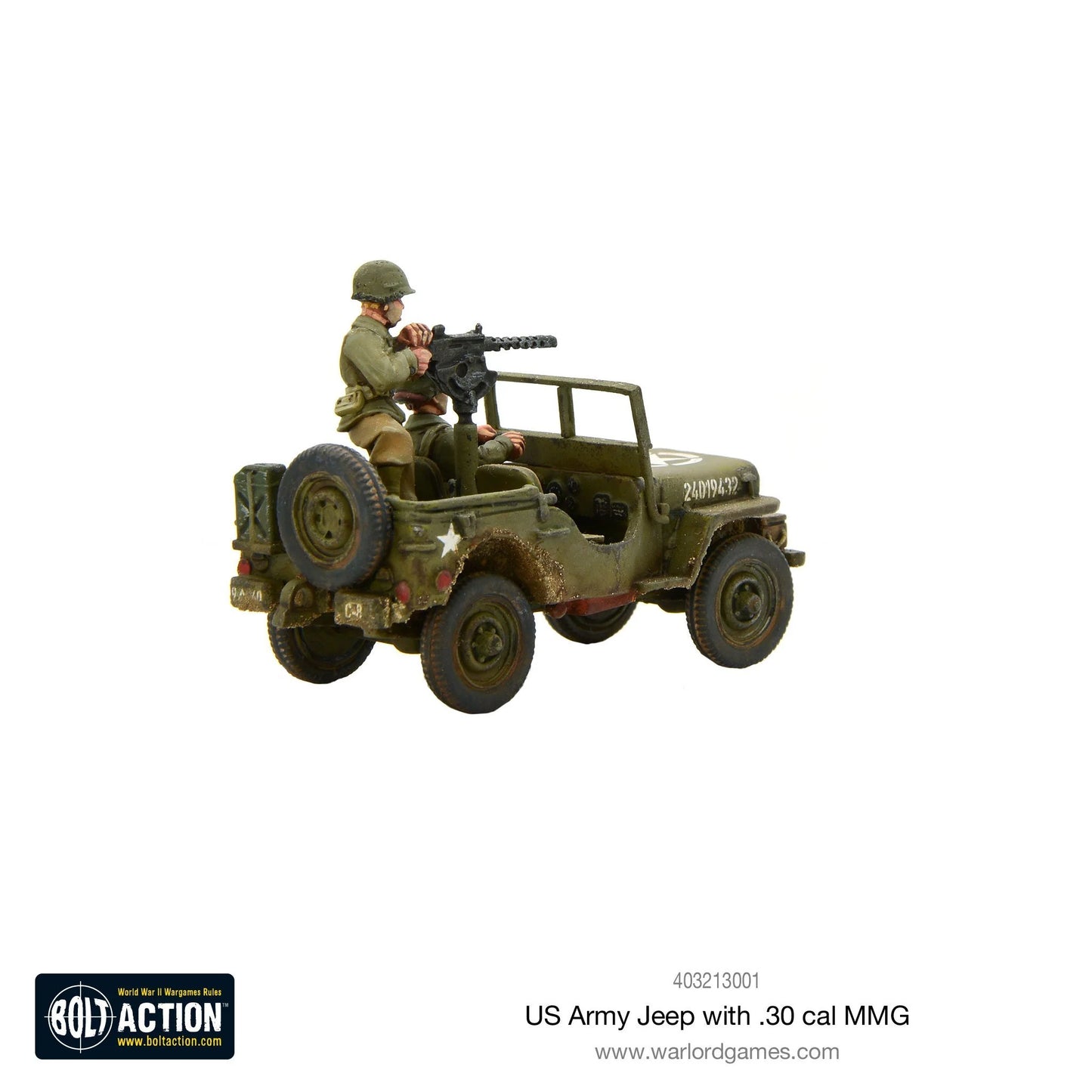 US Army Jeep Willys MB - widok z tyłu z strzelcem na karabinie .30 cal, koło zapasowe, numer 24019432, weathering Bolt Action
