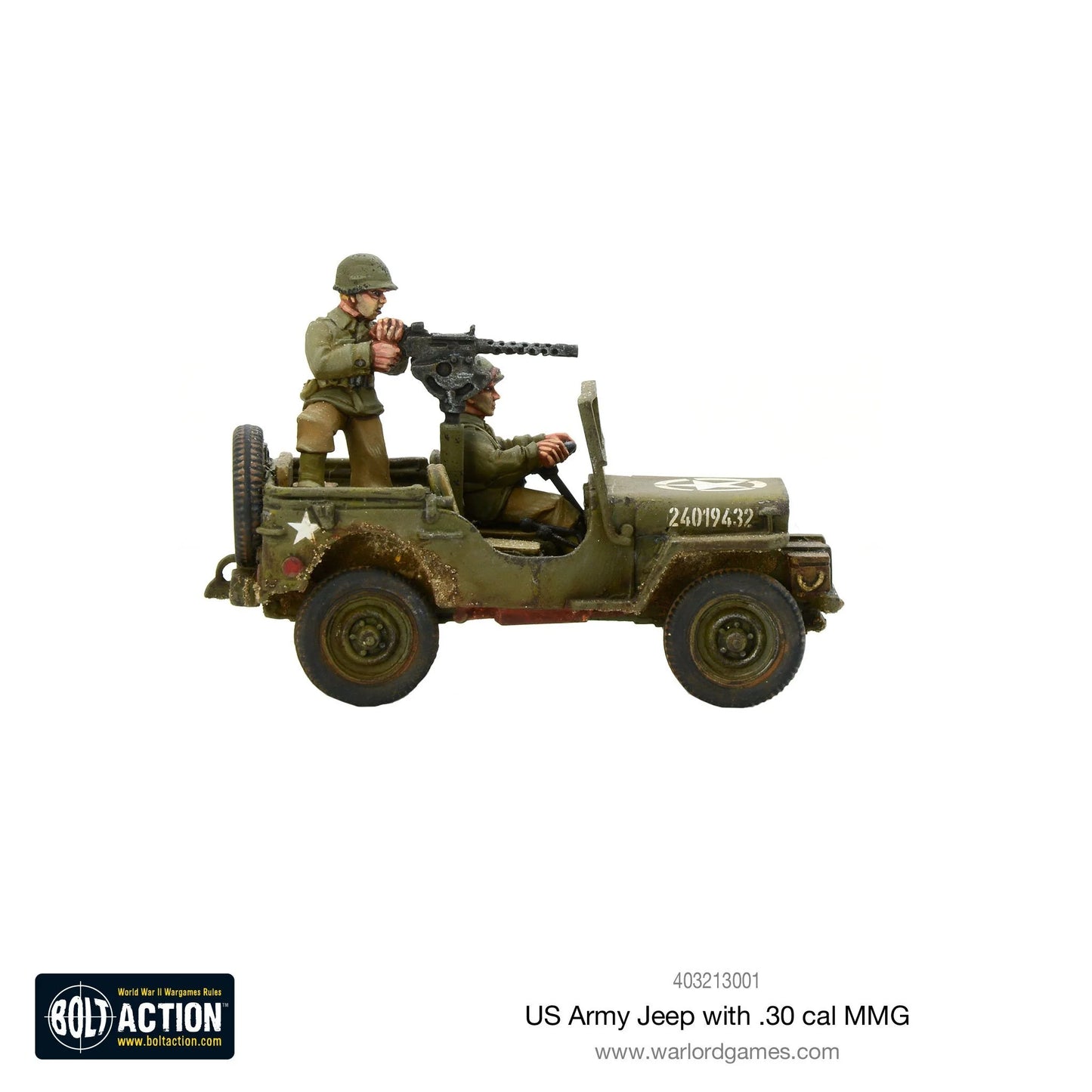 US Army Jeep .30 cal MMG 1/56 - widok z lewej strony z kierowcą i strzelcem, gwiazda USA, detale podwozia, żywica i metal
