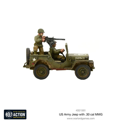 US Army Jeep .30 cal MMG 1/56 - widok z lewej strony z kierowcą i strzelcem, gwiazda USA, detale podwozia, żywica i metal
