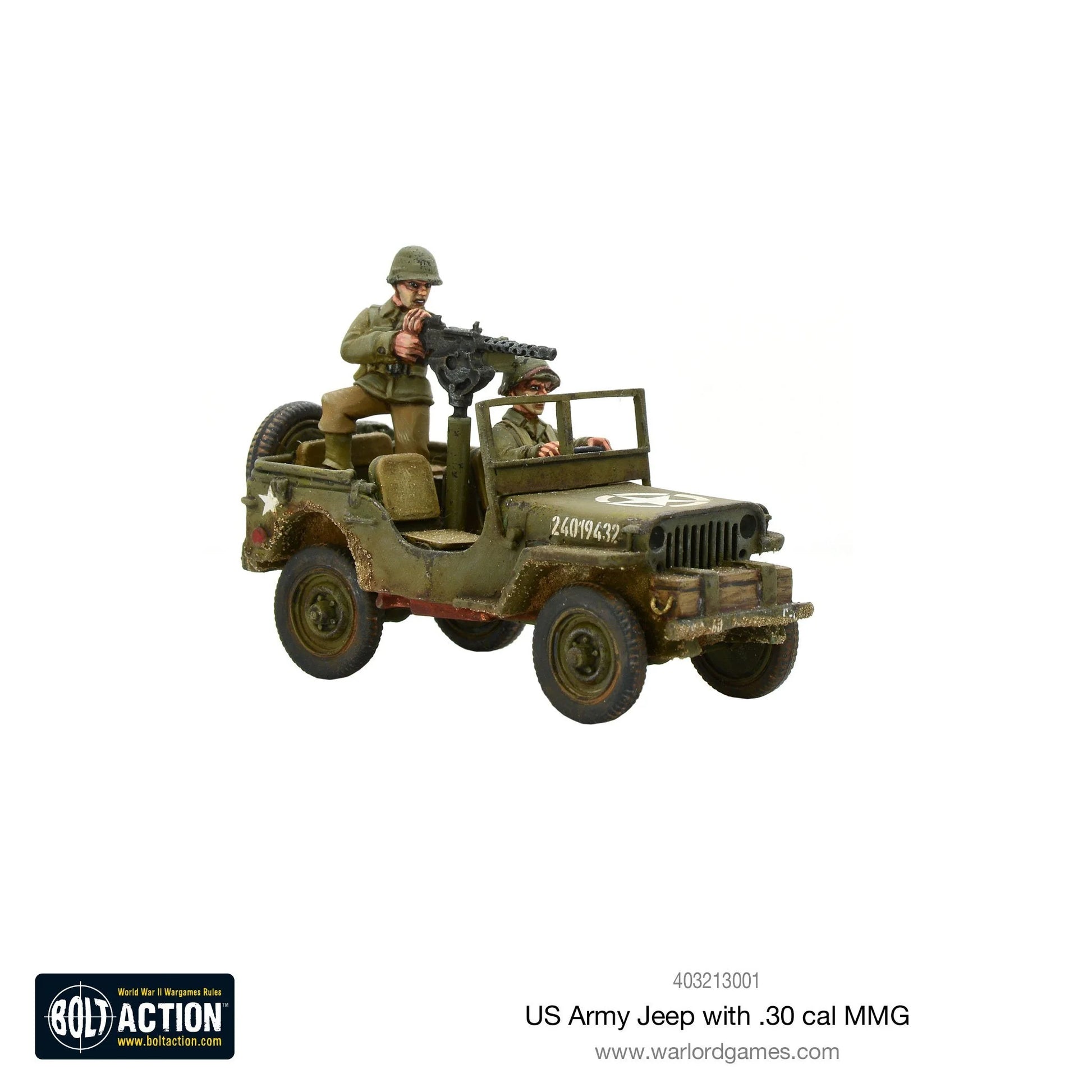 US Army Jeep pojazd rozpoznawczy Recce - widok z przodu z charakterystyczną kratą chłodnicy Willys, załoga USA, skala 28mm
