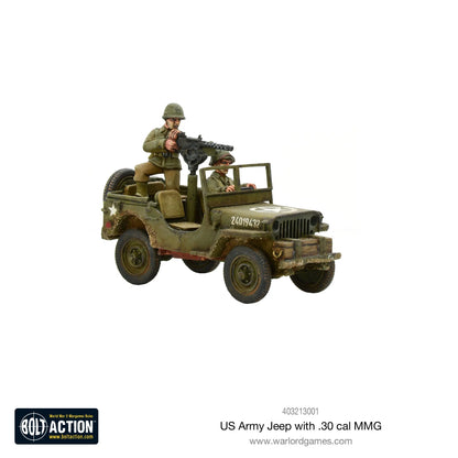 US Army Jeep pojazd rozpoznawczy Recce - widok z przodu z charakterystyczną kratą chłodnicy Willys, załoga USA, skala 28mm

