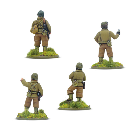 US Army Platoon Commanders widok z tyłu - czterech oficerów USA z wyposażeniem dowódczym, plecaki, kabury, hełmy M1, skala 28mm
