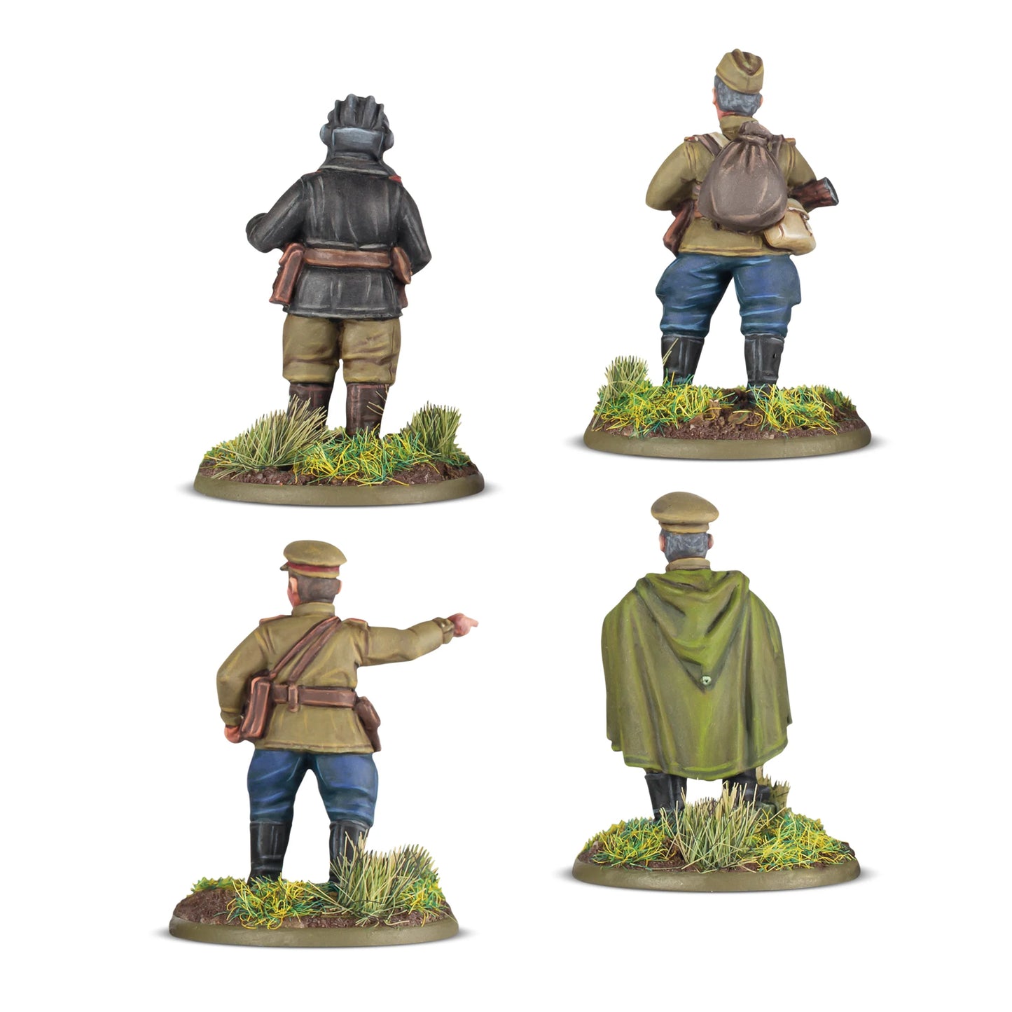 Bolt Action 403214002 Soviet Platoon Commanders – 4 pomalowane żywiczne figurki radzieckich dowódców plutonów, widok z tyłu pokazujący detale mundurów i wyposażenia, Bolt Action, Warlord Games

