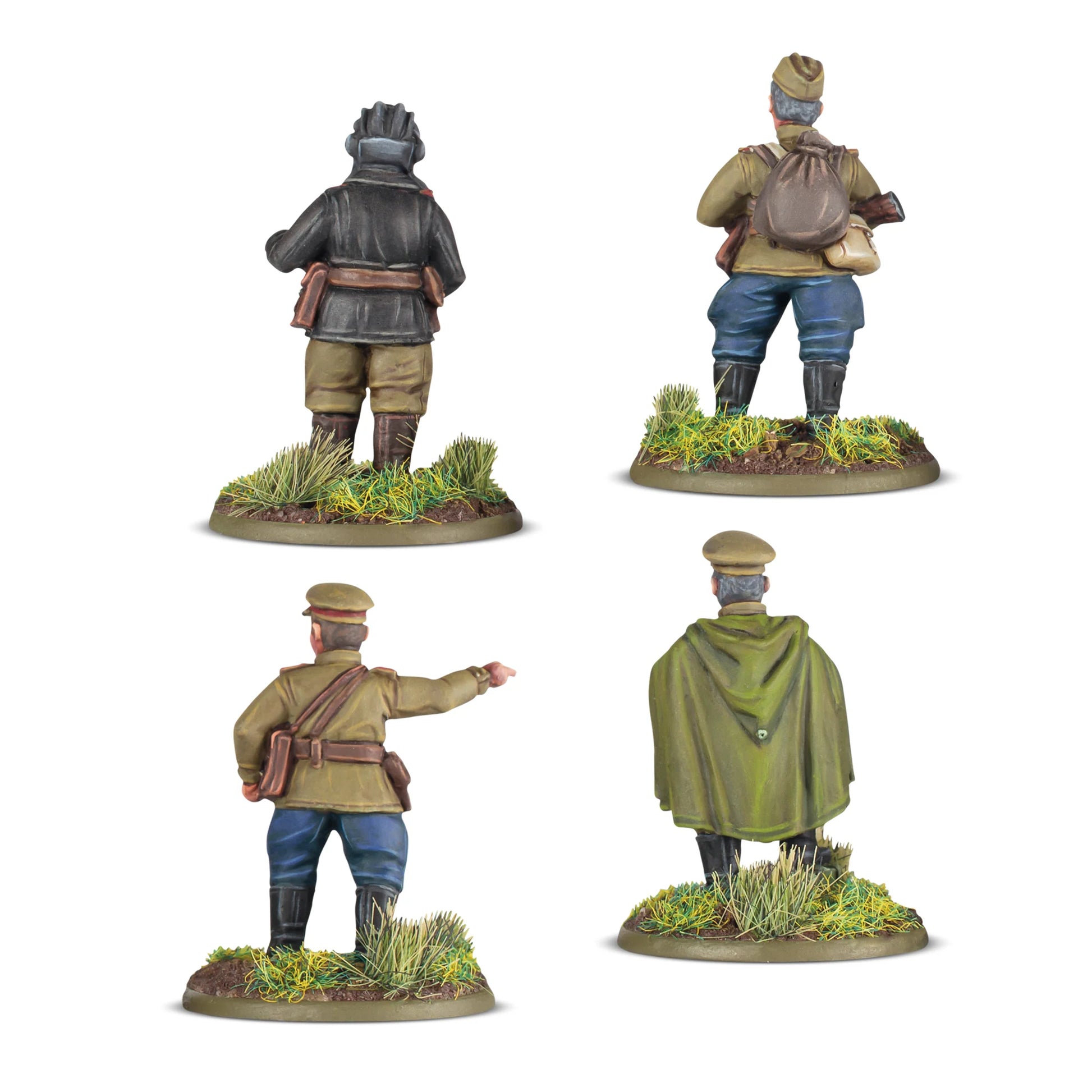 Bolt Action 403214002 Soviet Platoon Commanders – 4 pomalowane żywiczne figurki radzieckich dowódców plutonów, widok z tyłu pokazujący detale mundurów i wyposażenia, Bolt Action, Warlord Games
