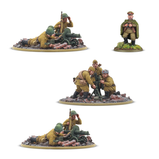 Soviet Infantry Heavy Weapons Platoon - Bolt Action 28mm - MMG Maxim 3 załoga pozycja leżąca oficer lornetka płaszcz moździerz 3 załoga mundury khaki podstawki Andrés Amián - Warlord Games