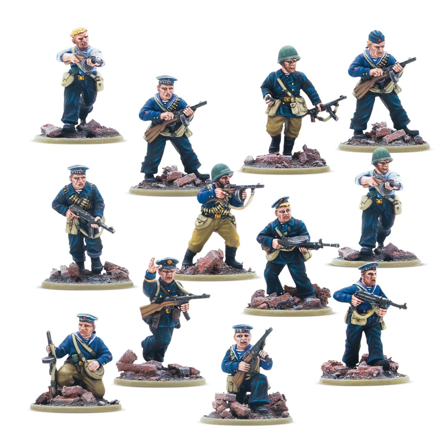 Warlord Games Soviet Naval Brigade Veteran Squad – 12 figurek żywicznych 28mm widok z przodu: żołnierze w granatowych mundurach marynarskich z czapkami i telniaszkami, uzbrojeni w PPSh-41, DP-28 LMG i karabiny, różne pozy bojowe, Bolt Action