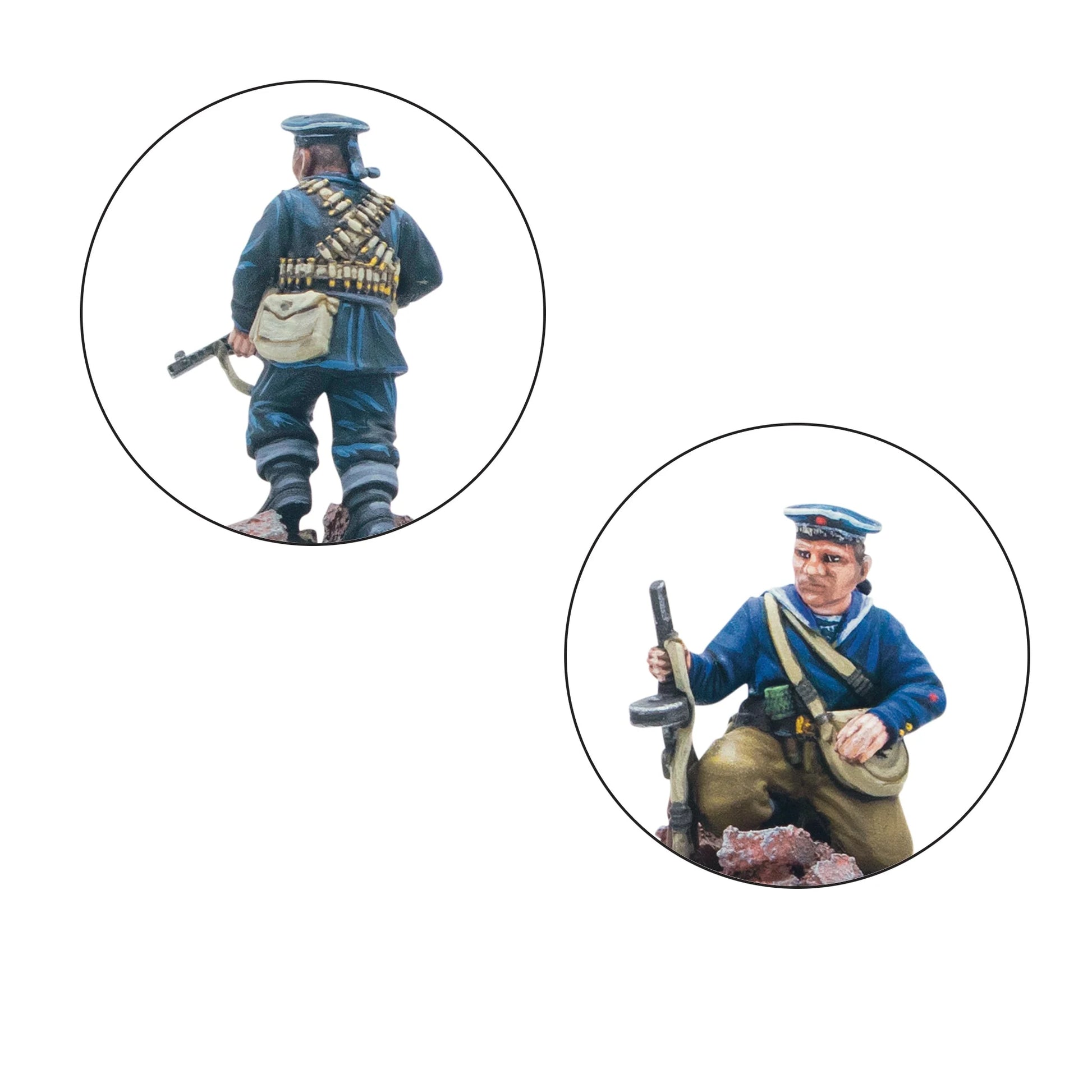 Warlord Games Soviet Naval Brigade Veteran Squad – zbliżenie detali 28mm: żołnierz od tyłu z pasami amunicyjnymi na klatce piersiowej i teczką (góra), żołnierz klęczący w czapce marynarskiej z karabinem (dół), detale twarzy i wyposażenia Bolt Action