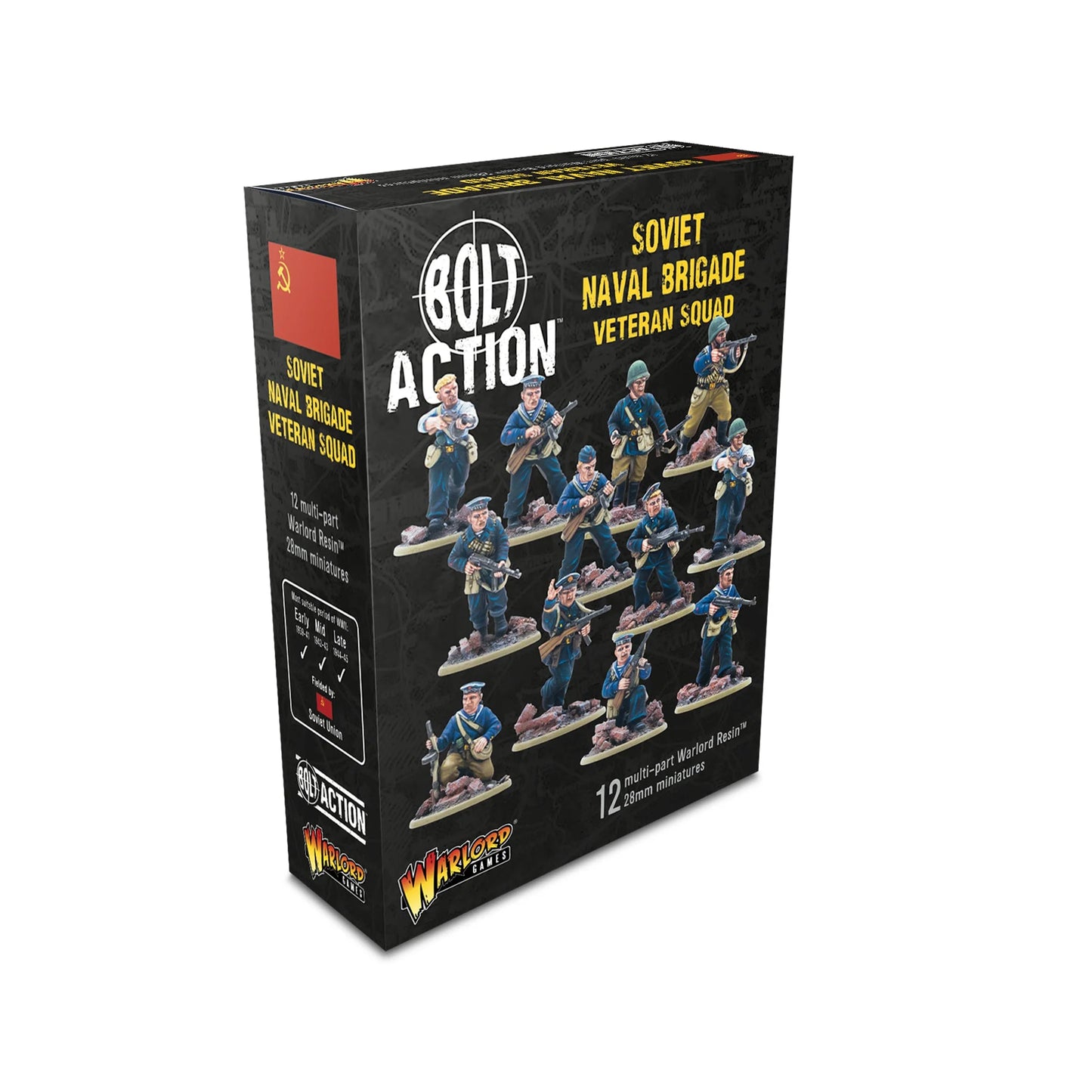 Warlord Games Soviet Naval Brigade Veteran Squad – pudełko Bolt Action Soviet Naval Brigade Veteran Squad: 12 multi-part Warlord Resin 28mm miniatures, flaga ZSRR, logo Bolt Action i Warlord Games, okres Early/Mid/Late, Soviet Union