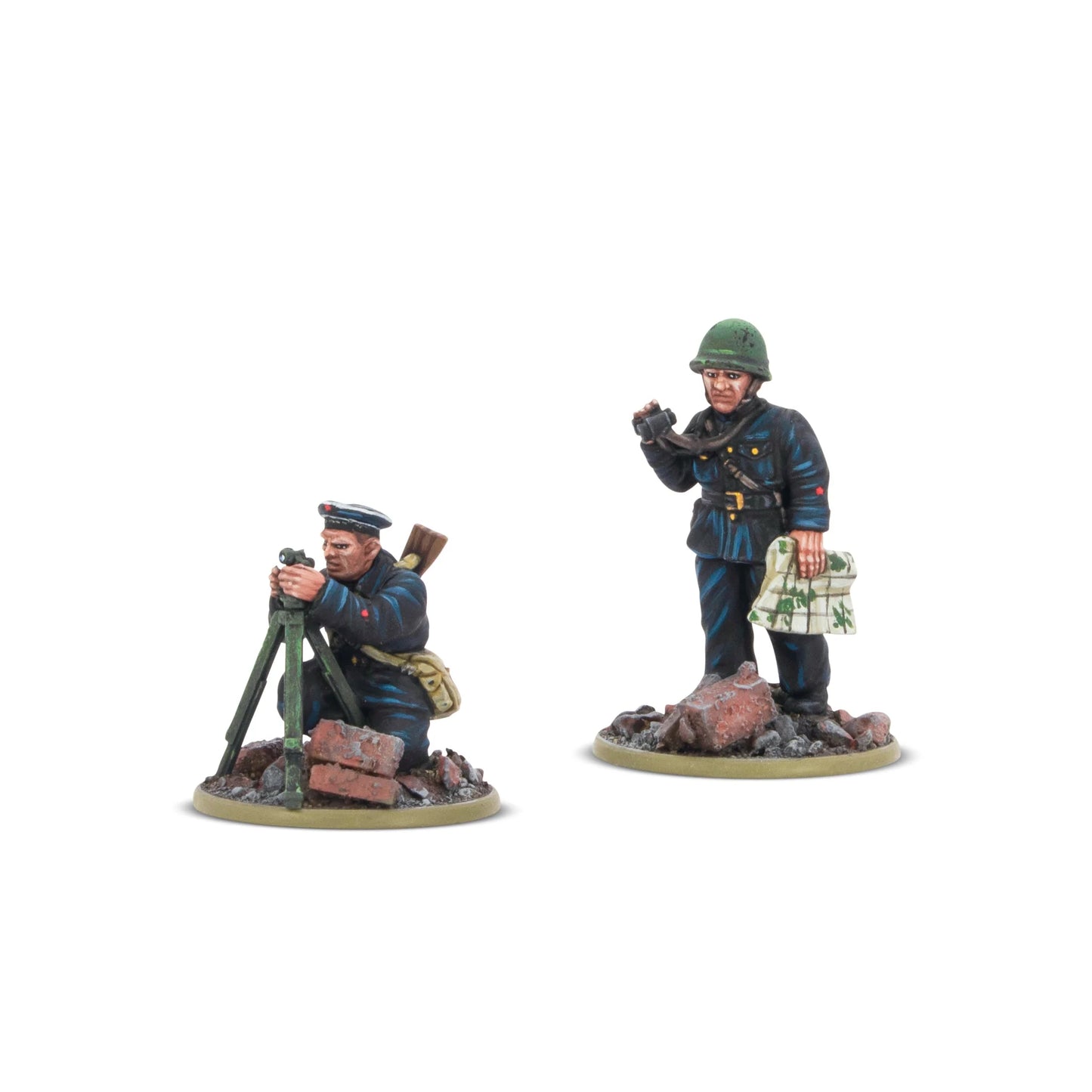 Warlord Games Soviet Naval Brigade Forward Observer Team – obserwator z lornetką przy trójnogu i ładowniczy z amunicją, widók z przodu 28mm Bolt Action
