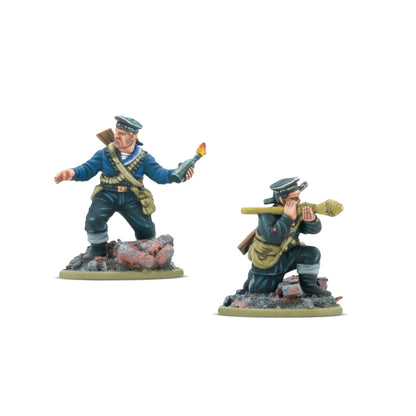 Warlord Games Soviet Naval Brigade Tank Hunters – marynarz z koktajlem Mołotowa i marynarz z Panzerfaustem, widok z przodu 28mm Bolt Action