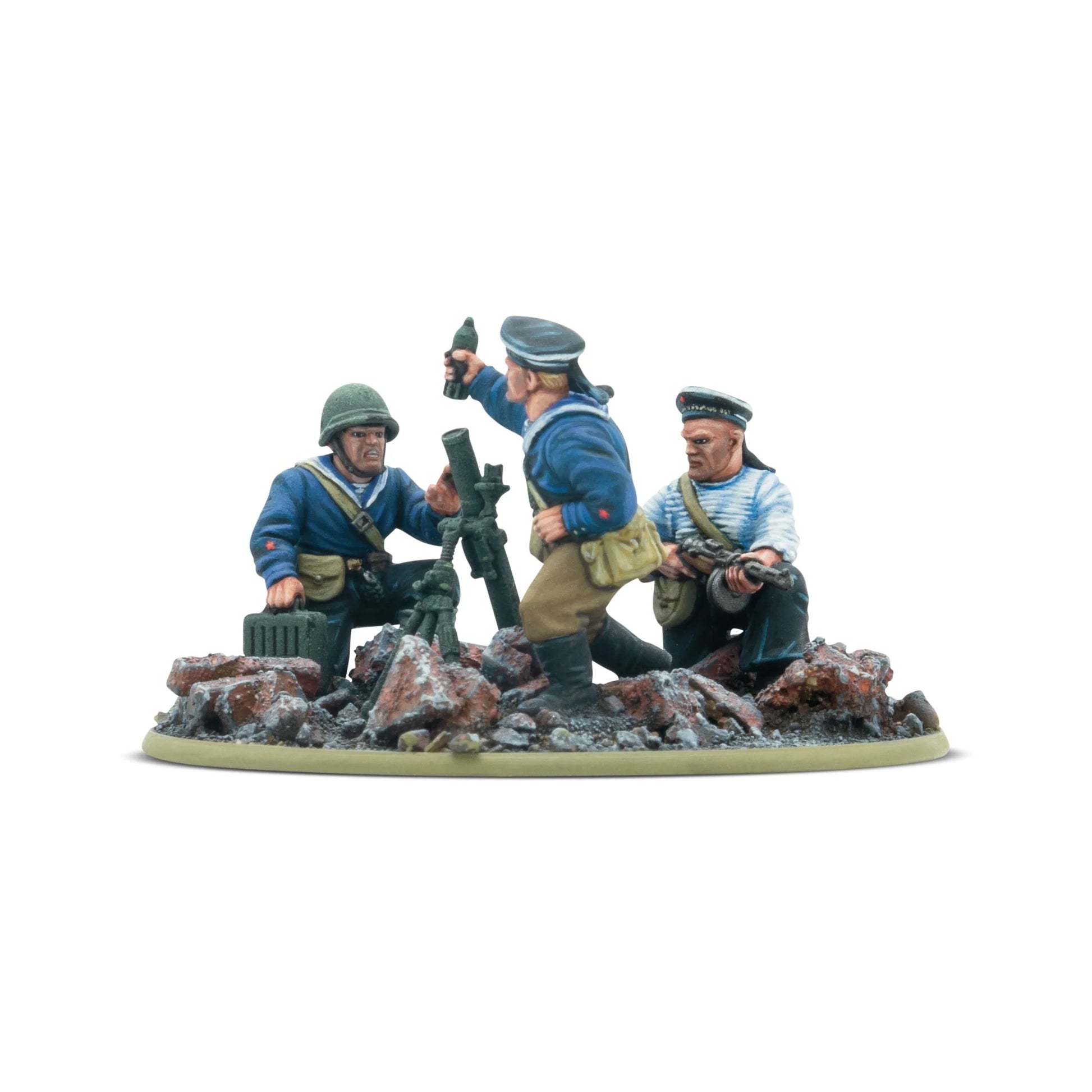 Warlord Games Soviet Naval Brigade Medium Mortar Team – 3 figurki obsługi moździerza 82mm, widok z boku 28mm Bolt Action