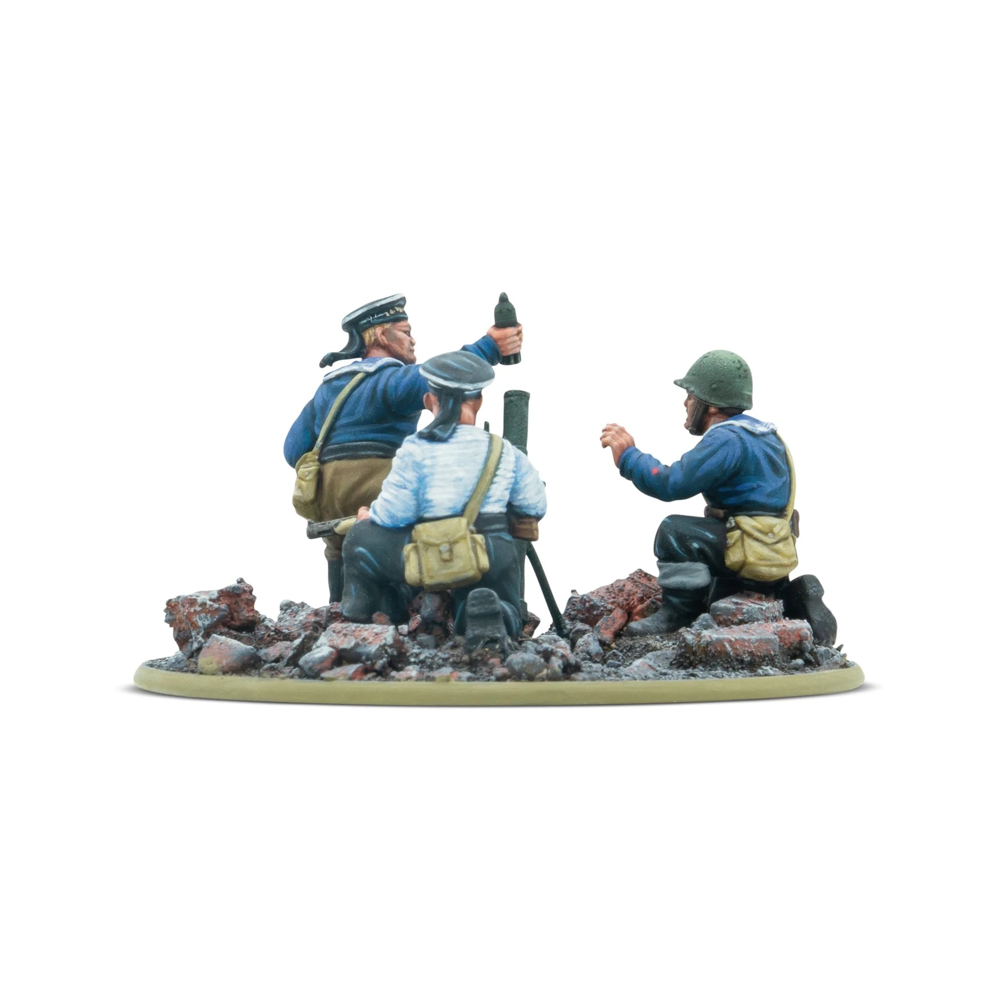 Warlord Games Soviet Naval Brigade Medium Mortar Team – 3 figurki obsługi moździerza 82mm, widok z tyłu 28mm Bolt Action