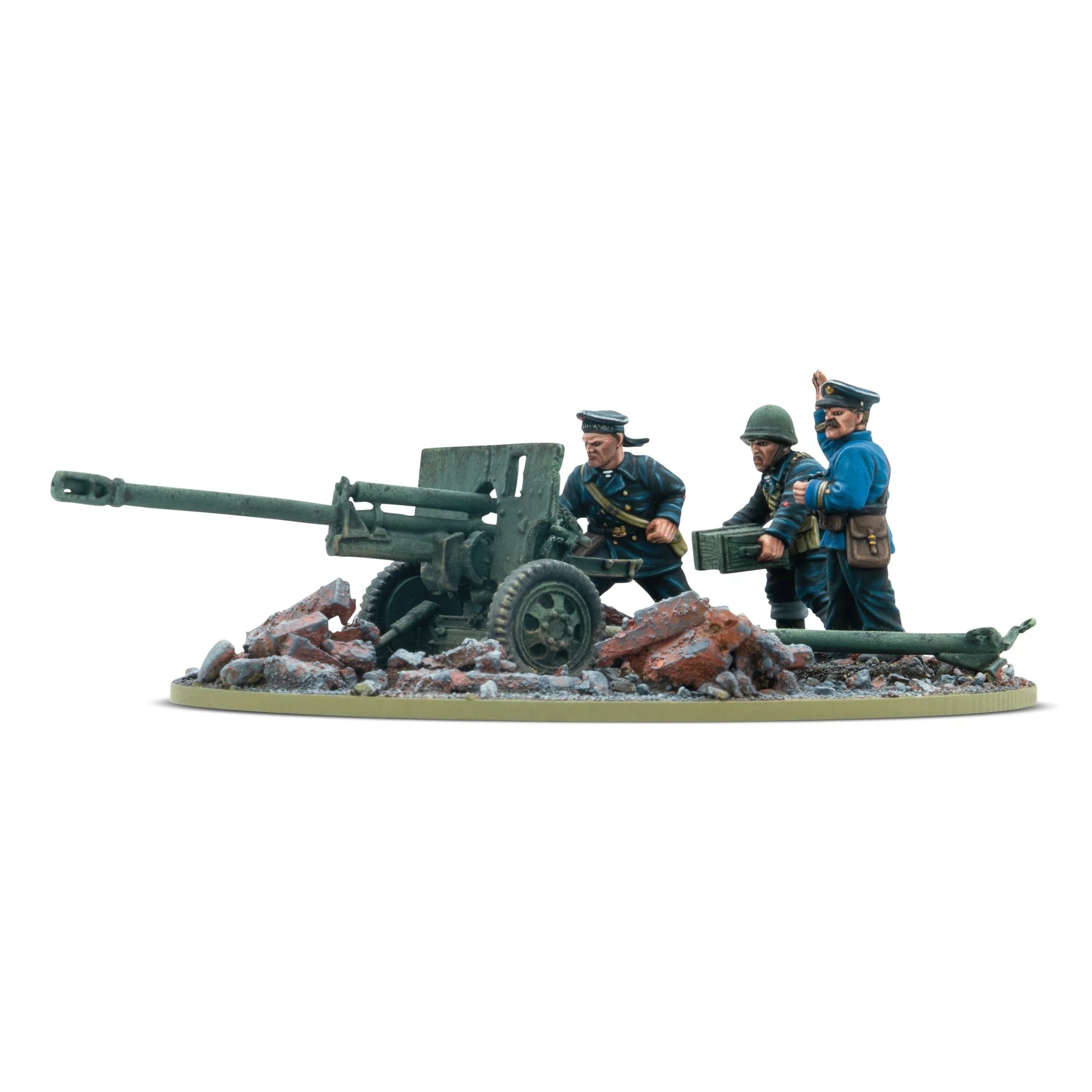 Warlord Games ZiS-3 Divisional Gun with Soviet Naval Brigade Crew – armata ZiS-3 76mm z 3-osobową obsługą Brygady Morskiej, widok z przodu 28mm Bolt Action