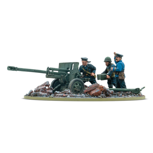 Warlord Games ZiS-3 Divisional Gun with Soviet Naval Brigade Crew – armata ZiS-3 76mm z 3-osobową obsługą Brygady Morskiej, widok z przodu 28mm Bolt Action