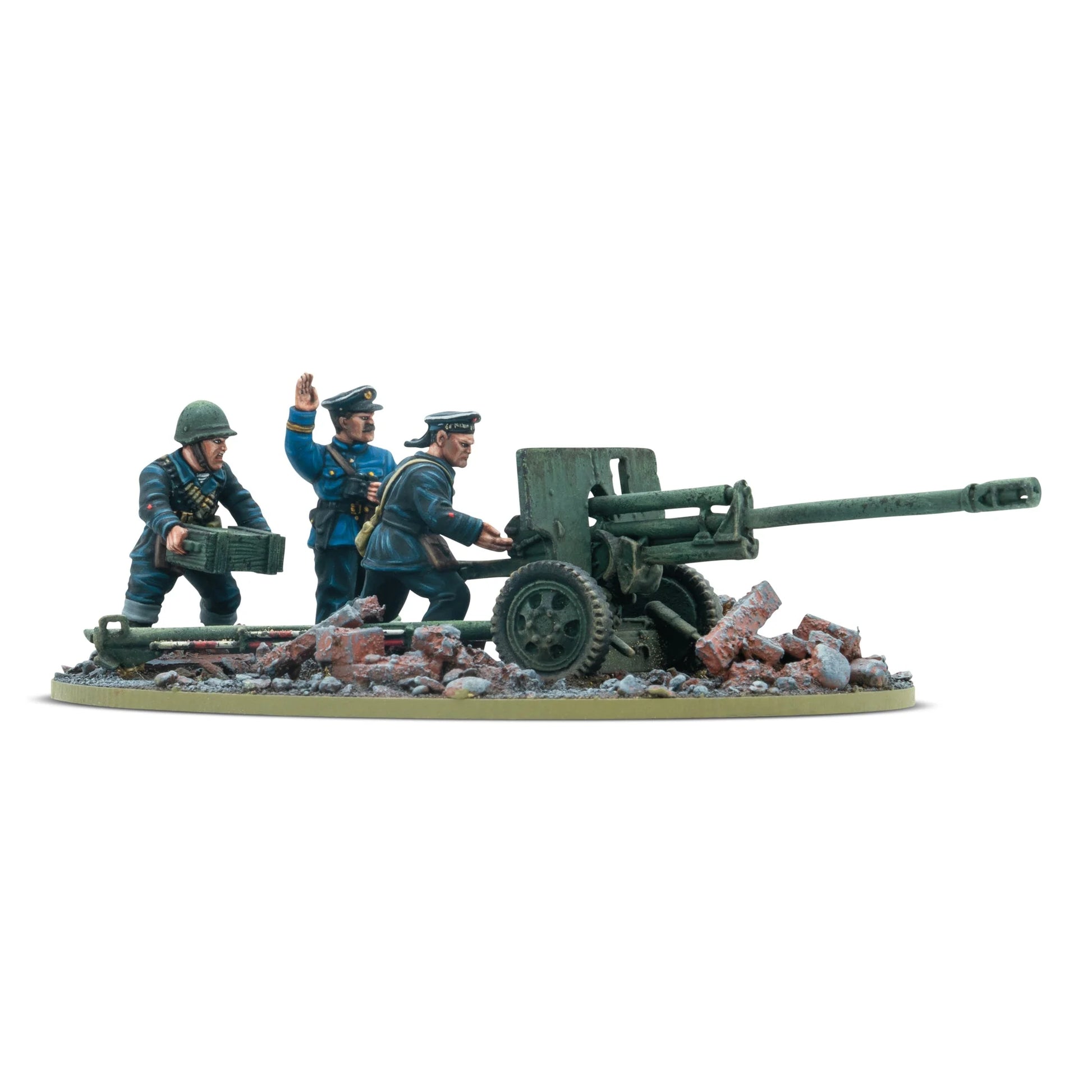 Warlord Games ZiS-3 Divisional Gun with Soviet Naval Brigade Crew – armata ZiS-3 76mm z obsługą Brygady Morskiej, widok z lewej strony 28mm Bolt Action