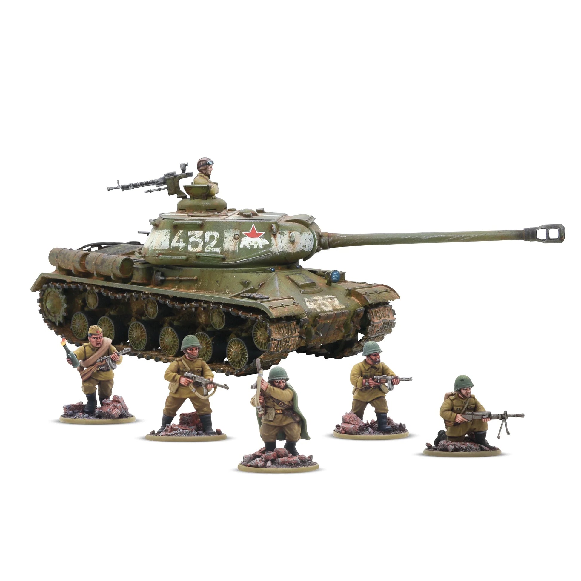 IS-2 Heavy Tank - Bolt Action 28mm - IS-2 Soviet green kamuflaż letni załoga Tank Riders 6 żołnierzy SMG PPSh-41 podstawki 432 red star - Warlord Games