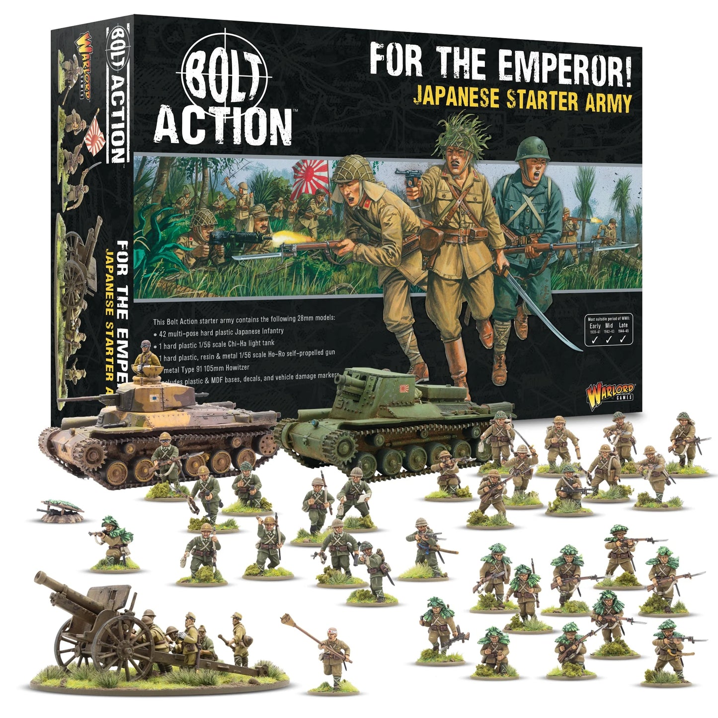 Bolt Action For the Emperor! Japanese Starter Army 402616025 – czarne pudełko z ilustracją szturmujących japońskich żołnierzy piechoty z bagnetami i mieczem, czołg Chi-Ha i haubica Ho-Ro w tle, flaga Japonii, logo Bolt Action i Warlord Games, figurki 28mm rozłożone przed pudełkiem – piechota, Chi-Ha, Ho-Ro i haubica Type 91, białe tło
