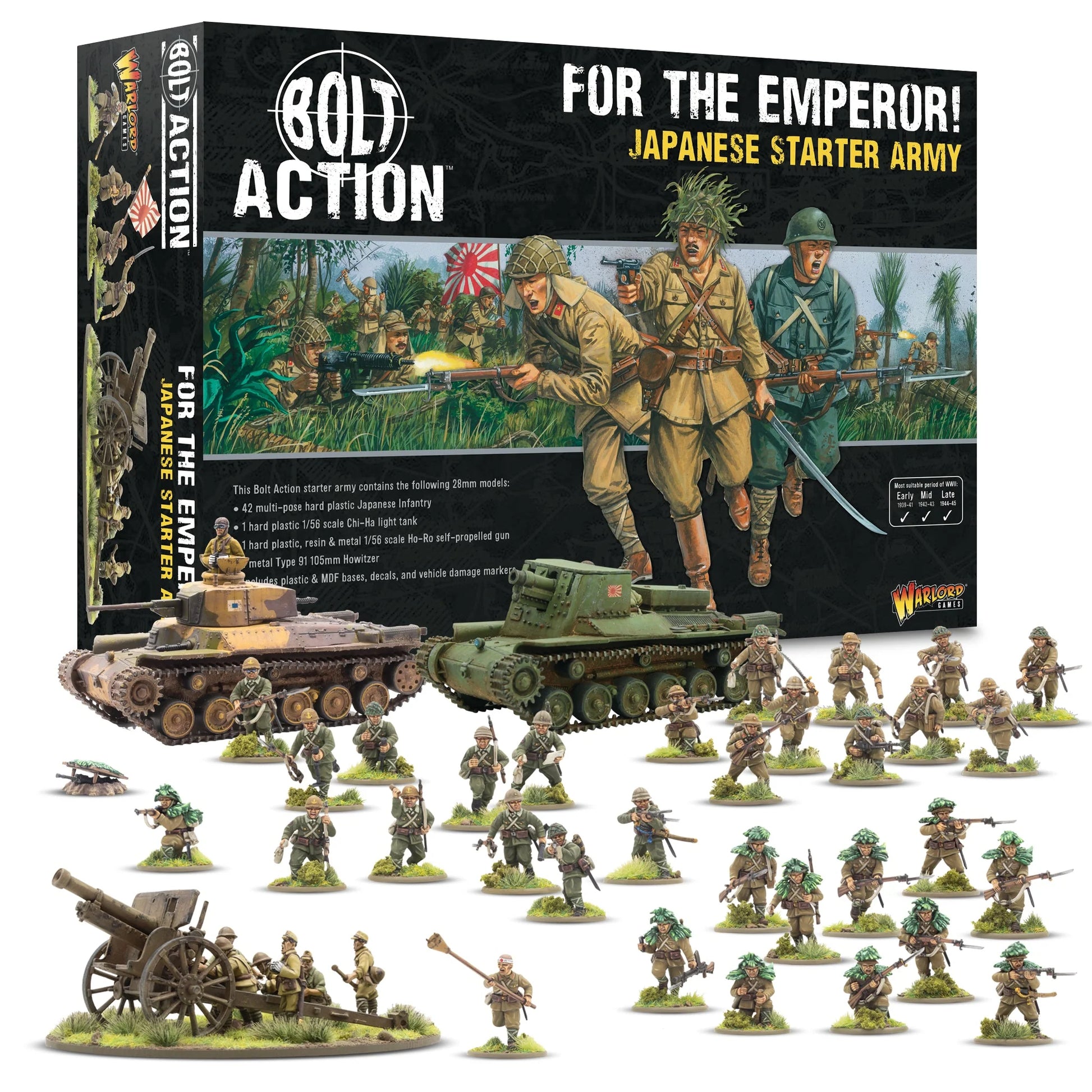 Bolt Action For the Emperor! Japanese Starter Army 402616025 – czarne pudełko z ilustracją szturmujących japońskich żołnierzy piechoty z bagnetami i mieczem, czołg Chi-Ha i haubica Ho-Ro w tle, flaga Japonii, logo Bolt Action i Warlord Games, figurki 28mm rozłożone przed pudełkiem – piechota, Chi-Ha, Ho-Ro i haubica Type 91, białe tło
