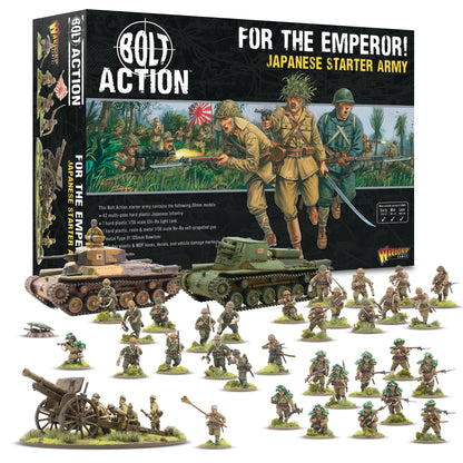 Bolt Action For the Emperor! Japanese Starter Army 402616025 – czarne pudełko z ilustracją szturmujących japońskich żołnierzy piechoty z bagnetami i mieczem, czołg Chi-Ha i haubica Ho-Ro w tle, flaga Japonii, logo Bolt Action i Warlord Games, figurki 28mm rozłożone przed pudełkiem – piechota, Chi-Ha, Ho-Ro i haubica Type 91, białe tło
