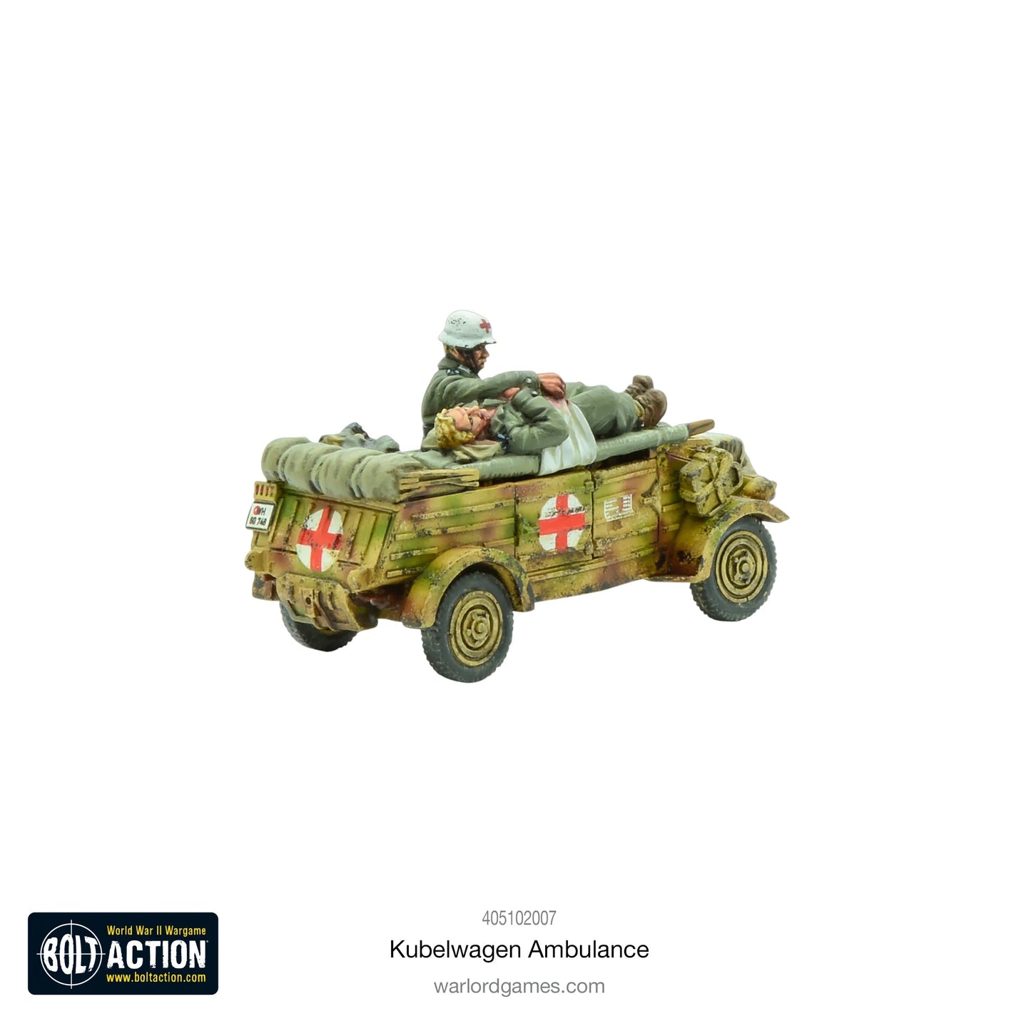 Kübelwagen Ambulance – widok z tyłu i lewej strony, krzyże czerwone na karoserii, model 28mm Bolt Action Warlord Games 405102007
