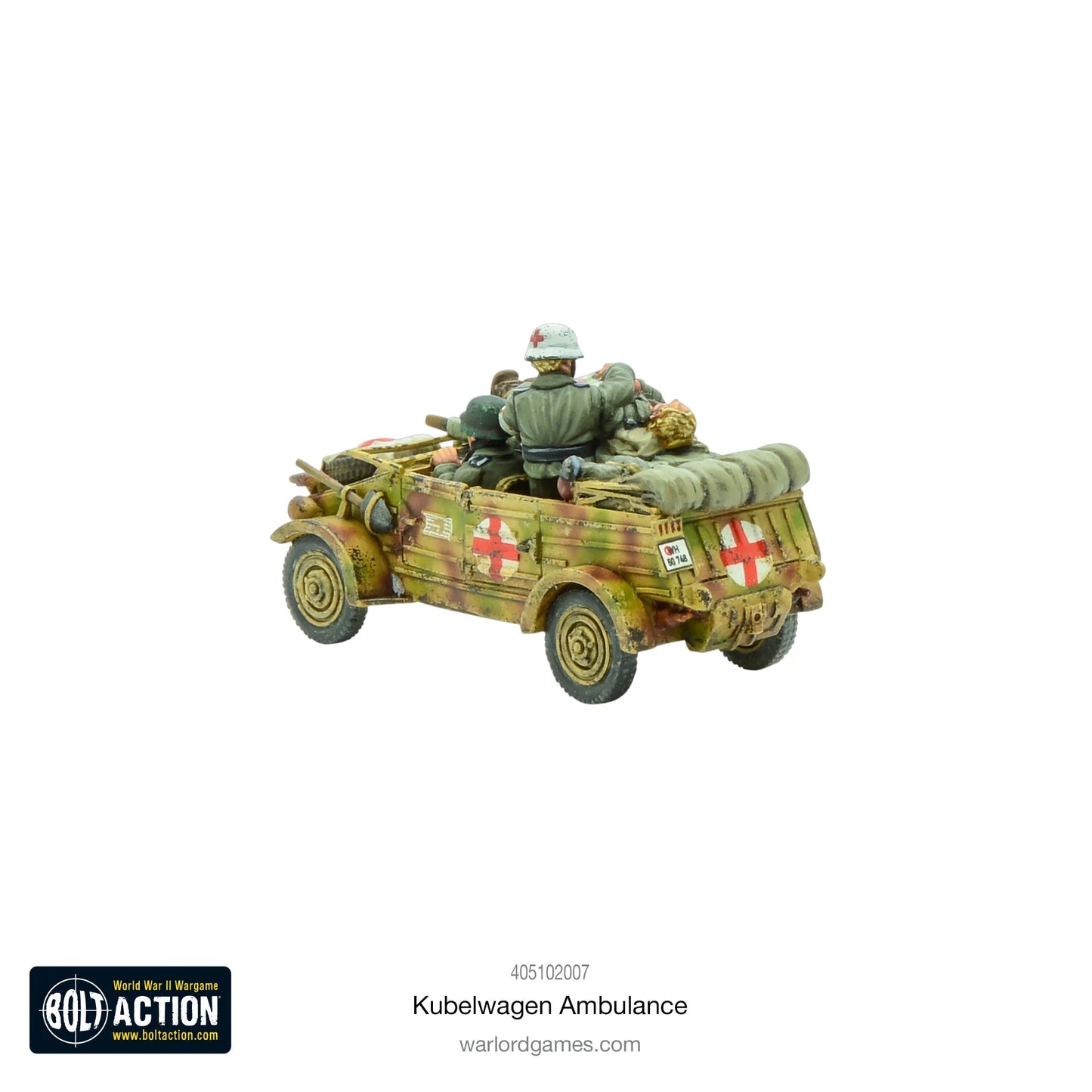 Kübelwagen Ambulance – widok z tyłu i prawej strony, sanitariusz i ranny na pace, model 28mm Bolt Action Warlord Games

