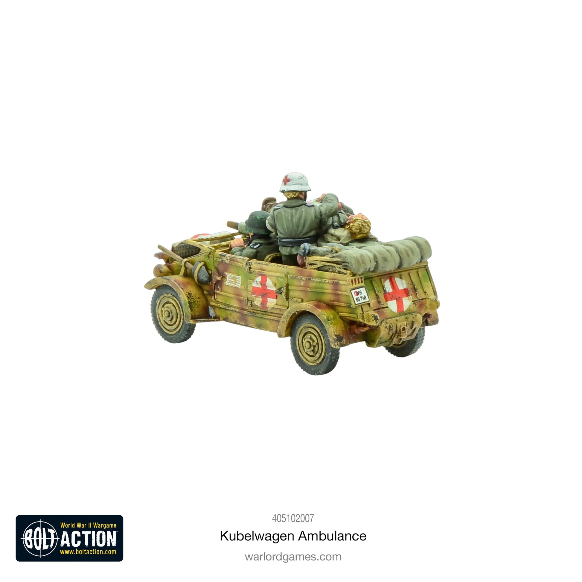 Kübelwagen Ambulance – widok z tyłu i prawej strony, sanitariusz i ranny na pace, model 28mm Bolt Action Warlord Games
