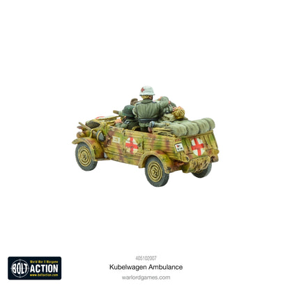Kübelwagen Ambulance – widok z tyłu i prawej strony, sanitariusz i ranny na pace, model 28mm Bolt Action Warlord Games
