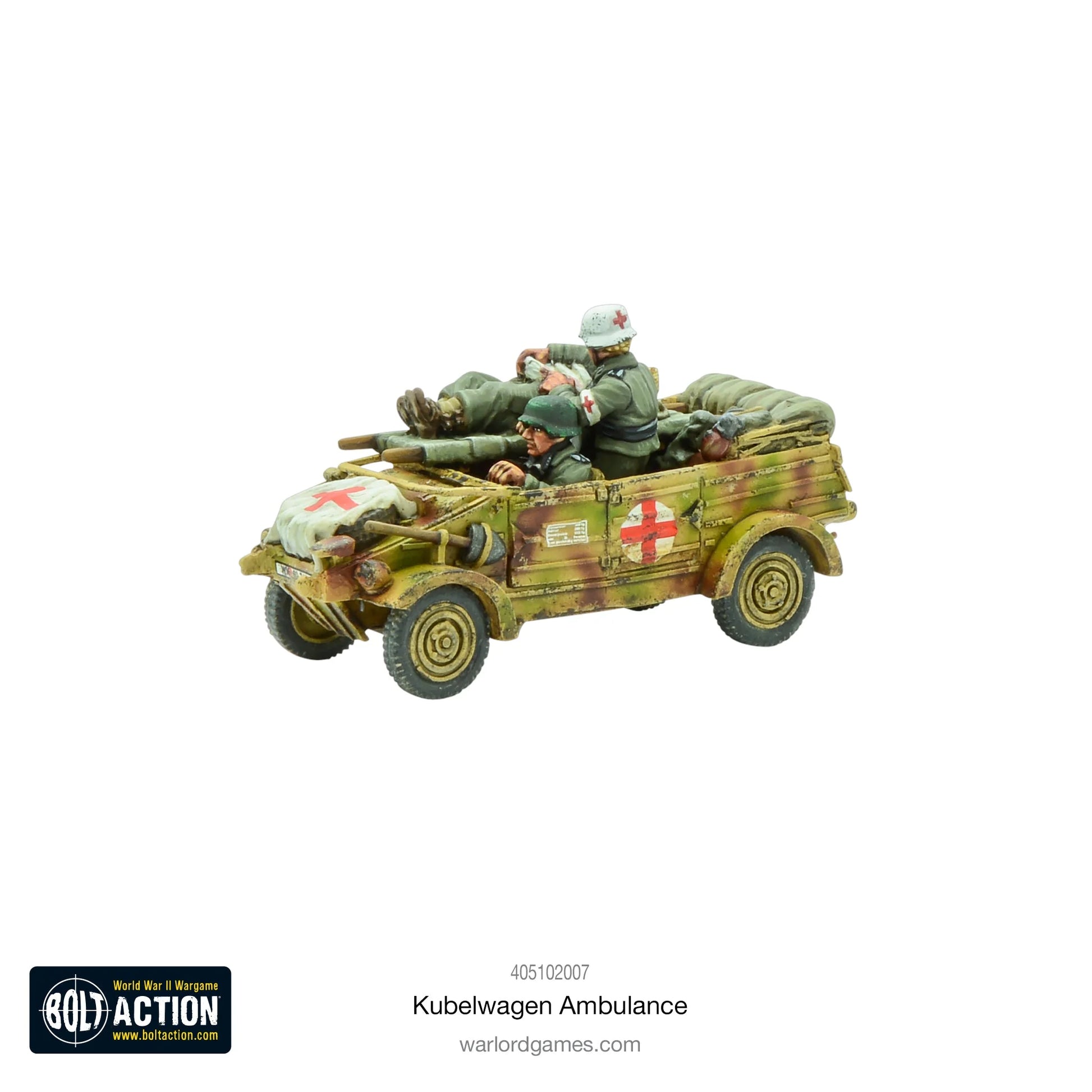 Kübelwagen Ambulance – widok z prawej strony i przodu, trzy figurki na pojeździe, model 28mm Bolt Action Warlord Games 405102007
