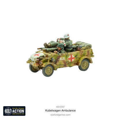 Kübelwagen Ambulance – widok z prawej strony i przodu, trzy figurki na pojeździe, model 28mm Bolt Action Warlord Games 405102007
