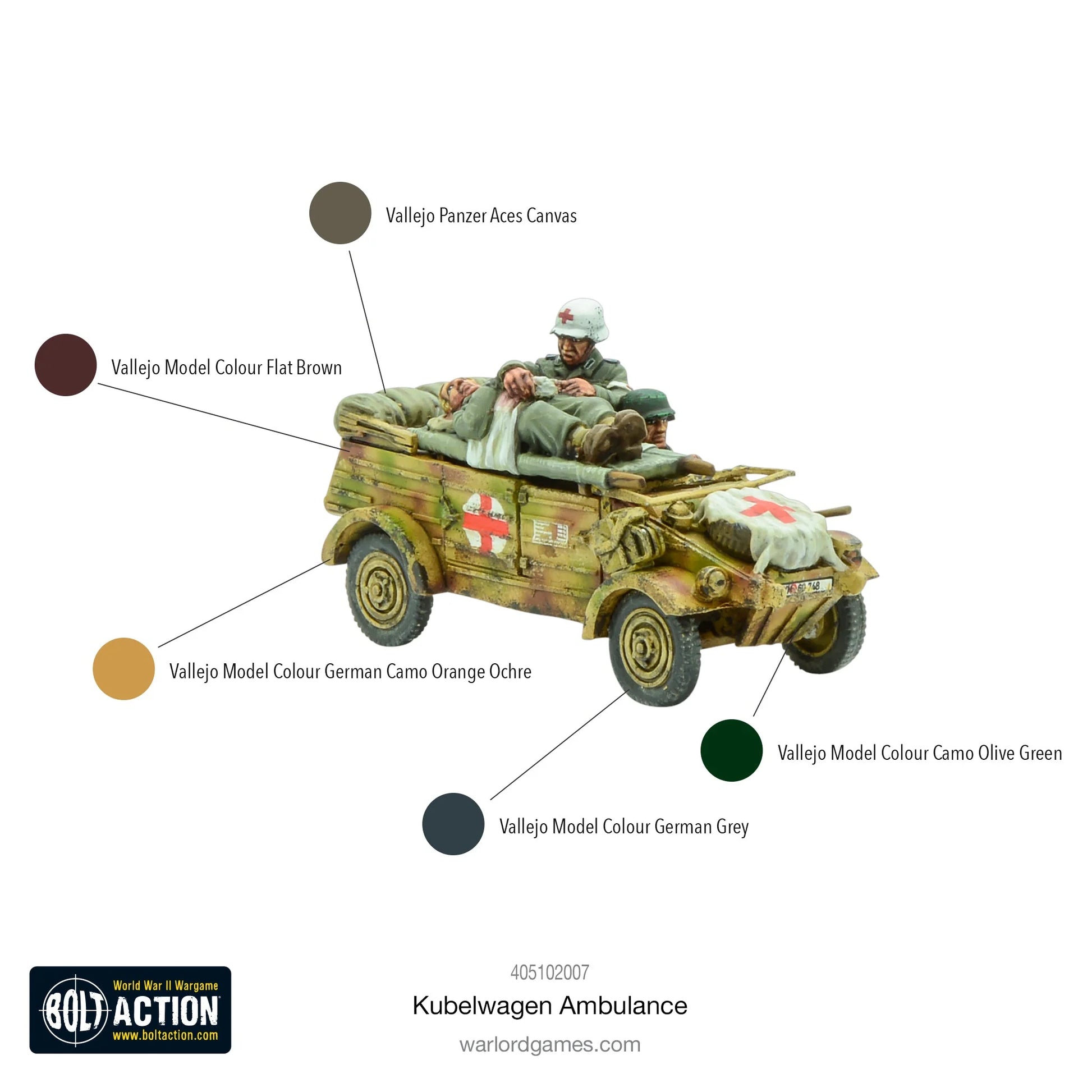 Kübelwagen Ambulance – schemat malowania z kolorami Vallejo, widok z prawej strony, model 28mm Bolt Action Warlord Games
