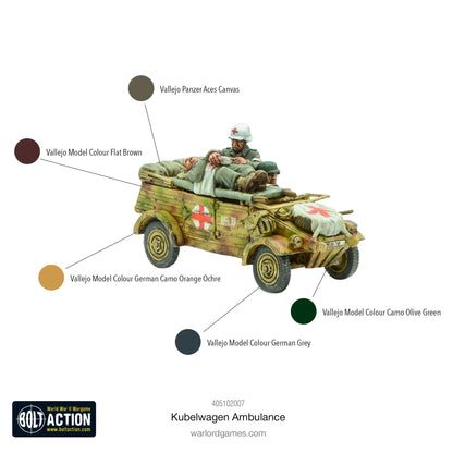 Kübelwagen Ambulance – schemat malowania z kolorami Vallejo, widok z prawej strony, model 28mm Bolt Action Warlord Games
