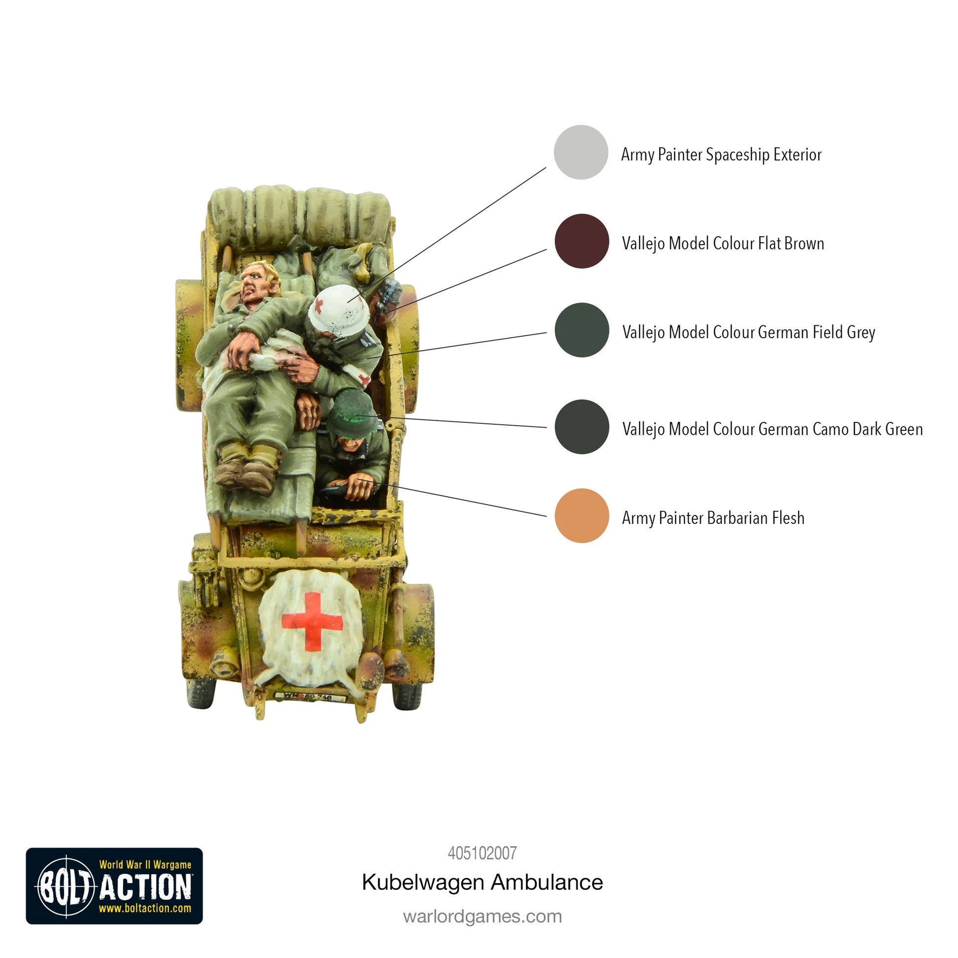 Kübelwagen Ambulance – schemat malowania figurek, widok z góry, sanitariusz i ranny, model 28mm Bolt Action Warlord Games