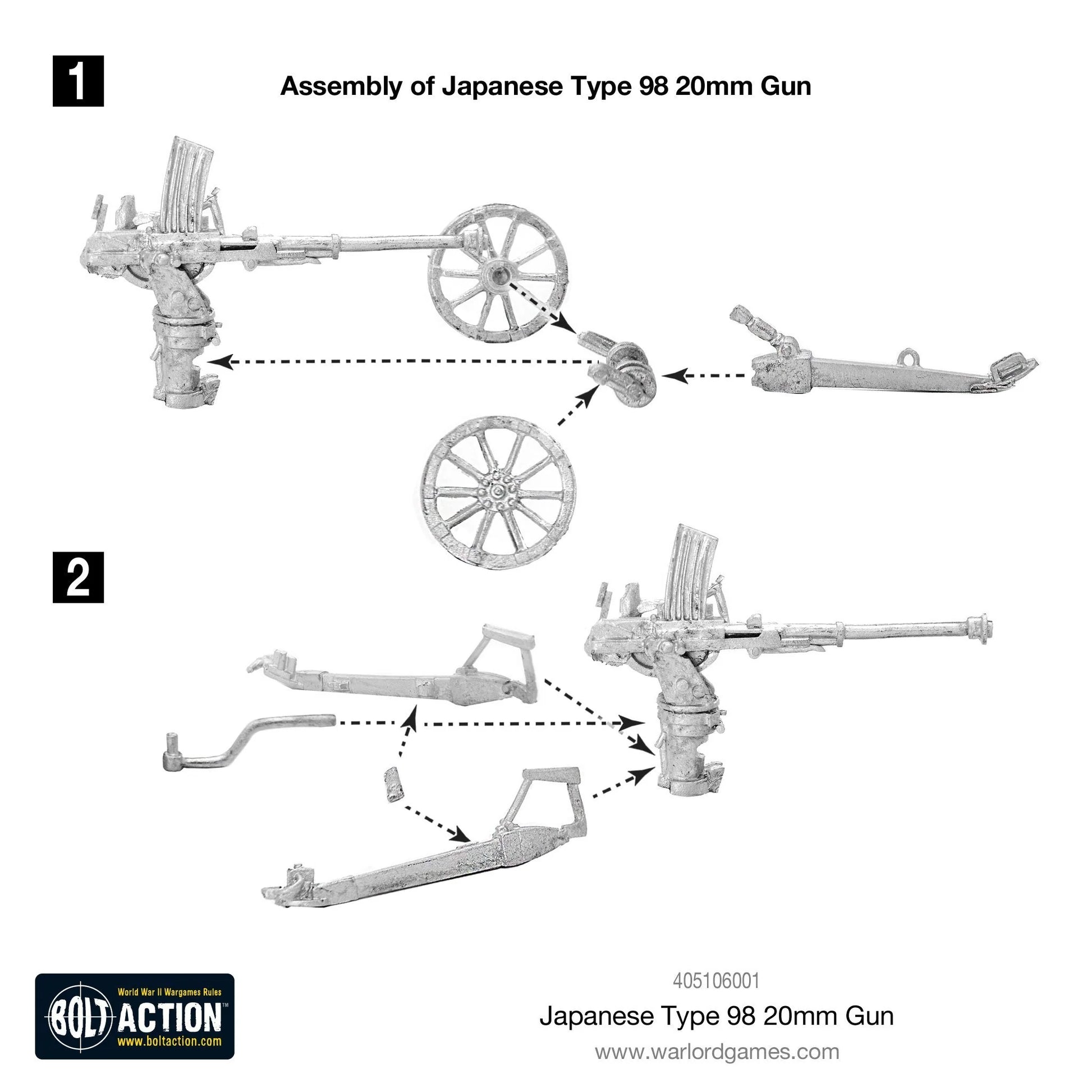Japanese Type 98 20mm Gun – instrukcja montażu zestawu Warlord Games, elementy metalowe działka 20mm, Bolt Action 28mm
