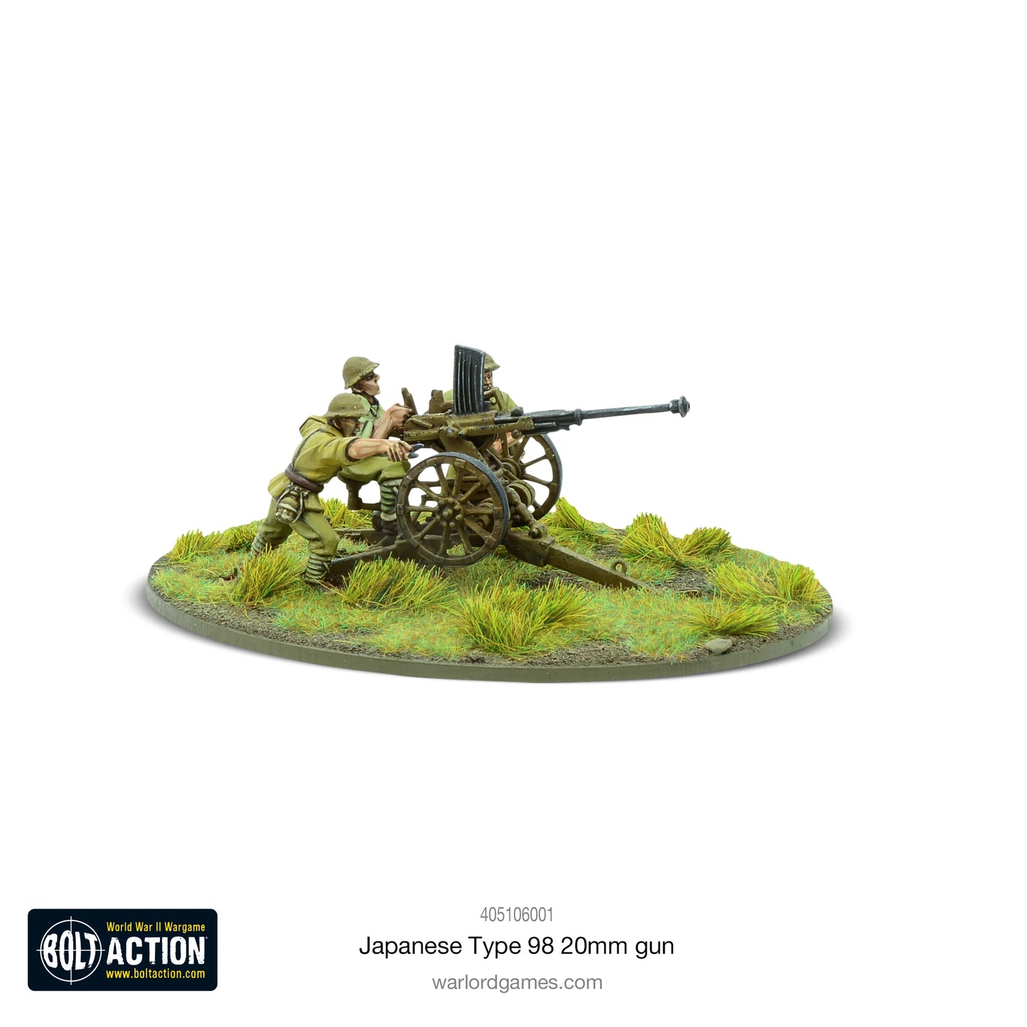 Japanese Type 98 20mm Gun – pomalowany model metalowy 28mm, obsługa japońska przy działku przeciwlotniczym, widok z boku, Bolt Action
